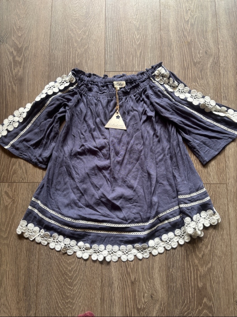 Listicle Navy Cold-Shoulder blouse with White Crochet Trim